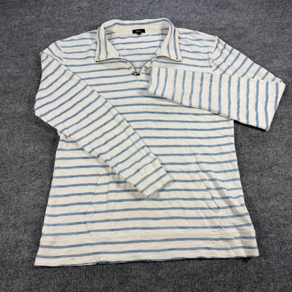 Rails Leorio Breton Stripe Cotton Quarter Zip Pullover Blue White Size L Coastal